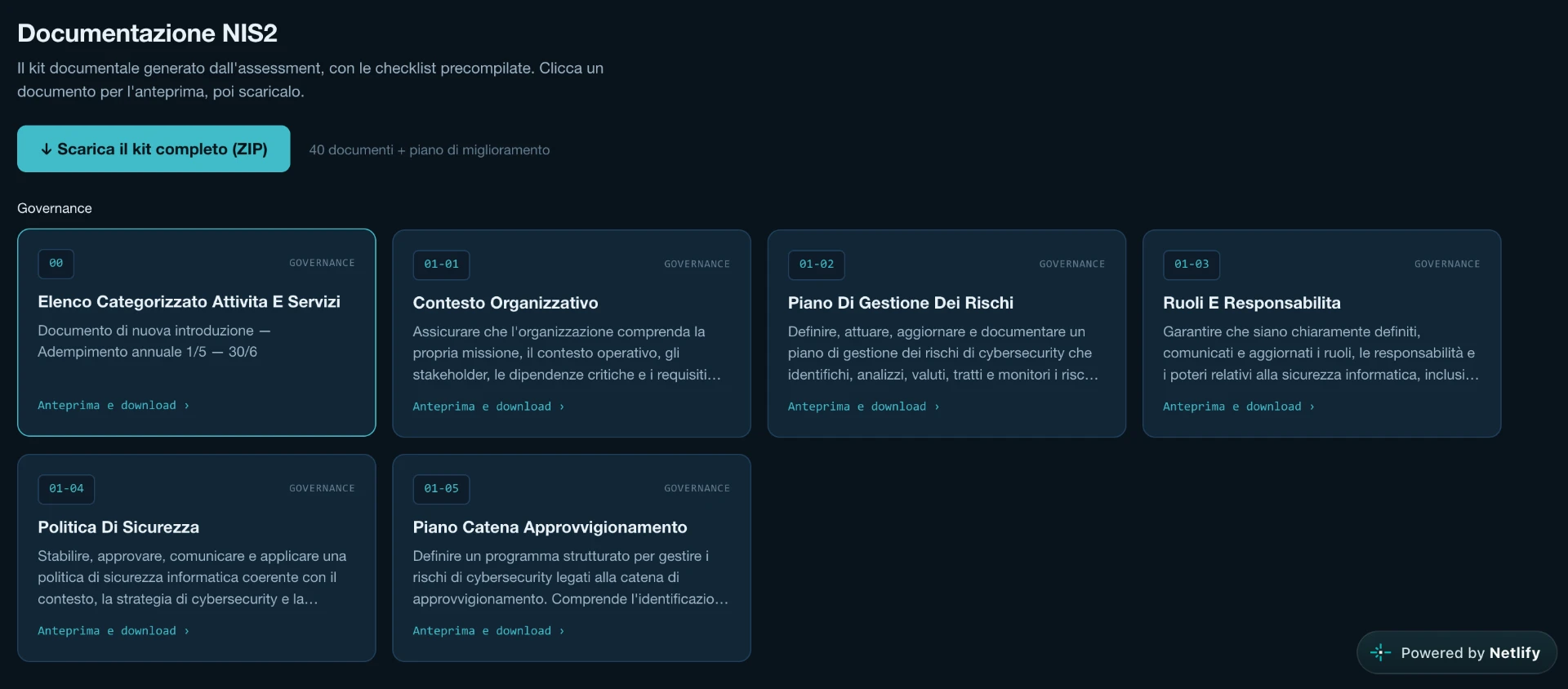 Cyber Hub — schermata della documentazione NIS2