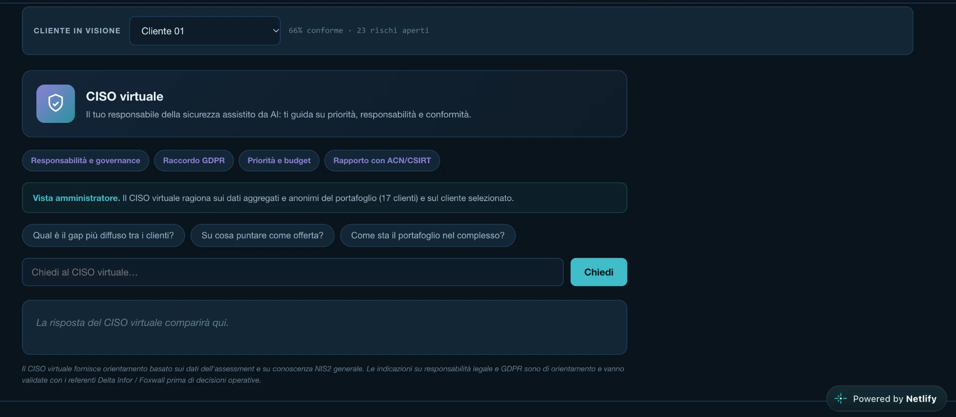 Cyber Hub — CISO virtuale con domande su sicurezza, priorità e NIS2